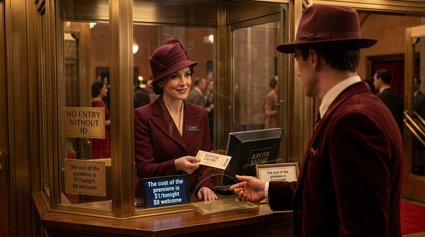 The box office — the ticket slides across the brass