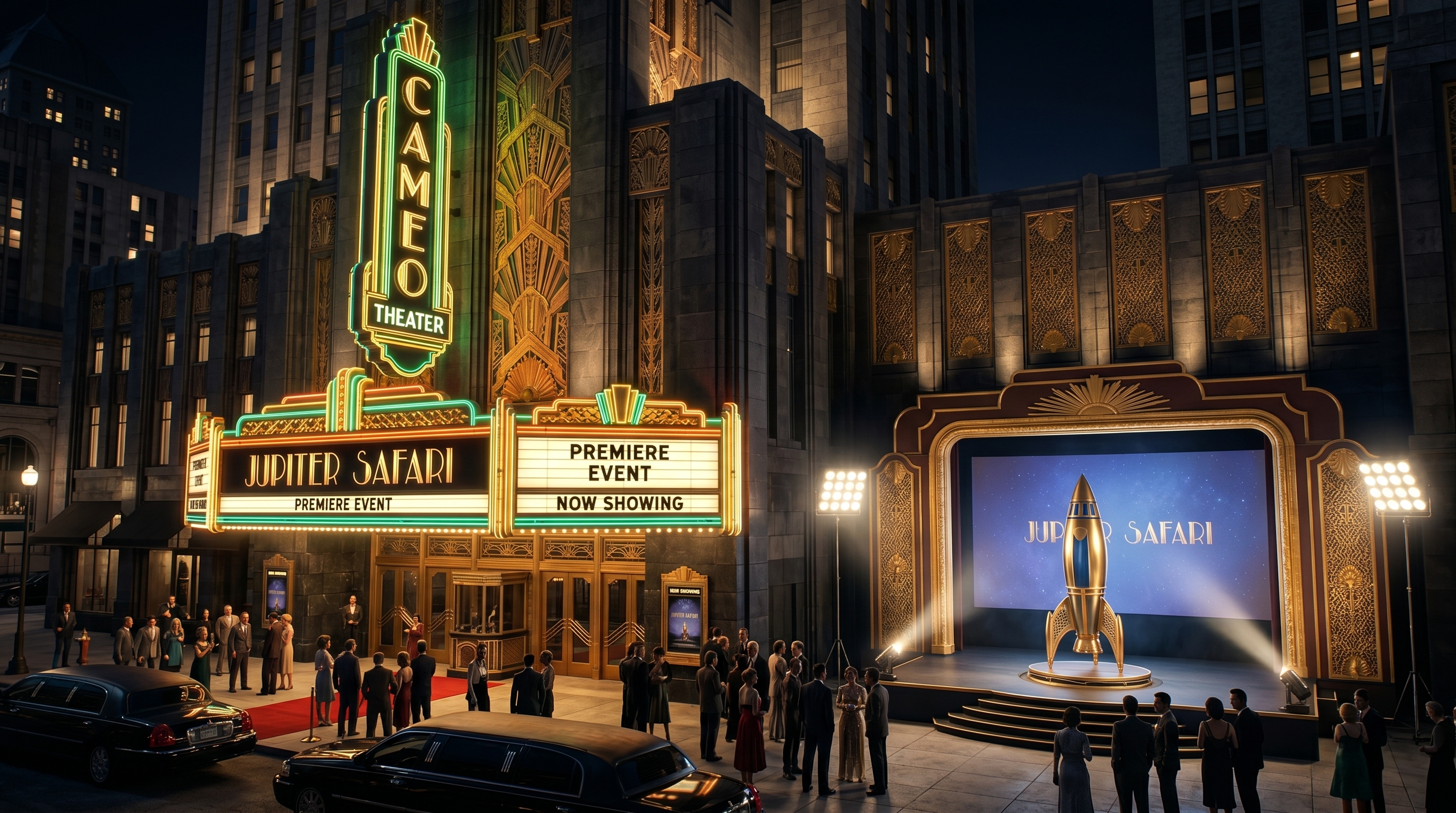 The Cameo Theater at night, the marquee lit, seen from the side
