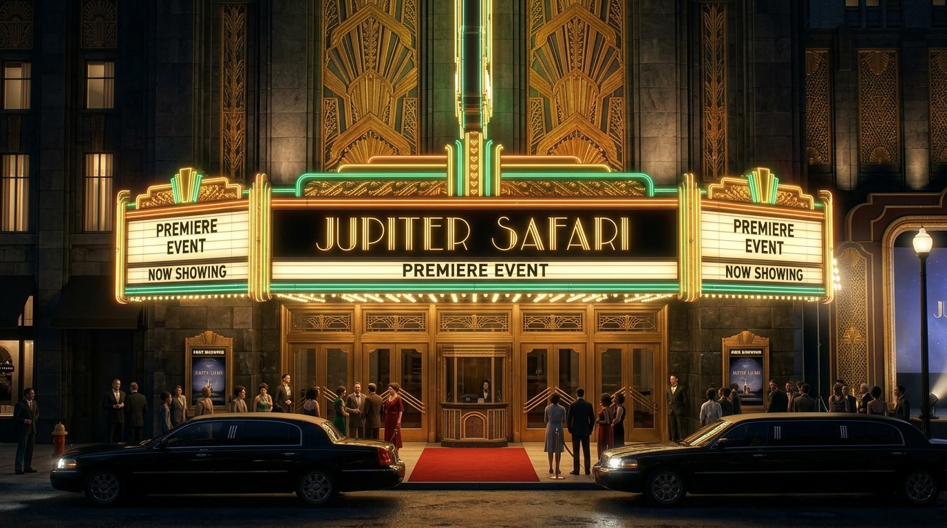 The Cameo Theater marquee — Jupiter Safari, Premiere Event, Now Showing